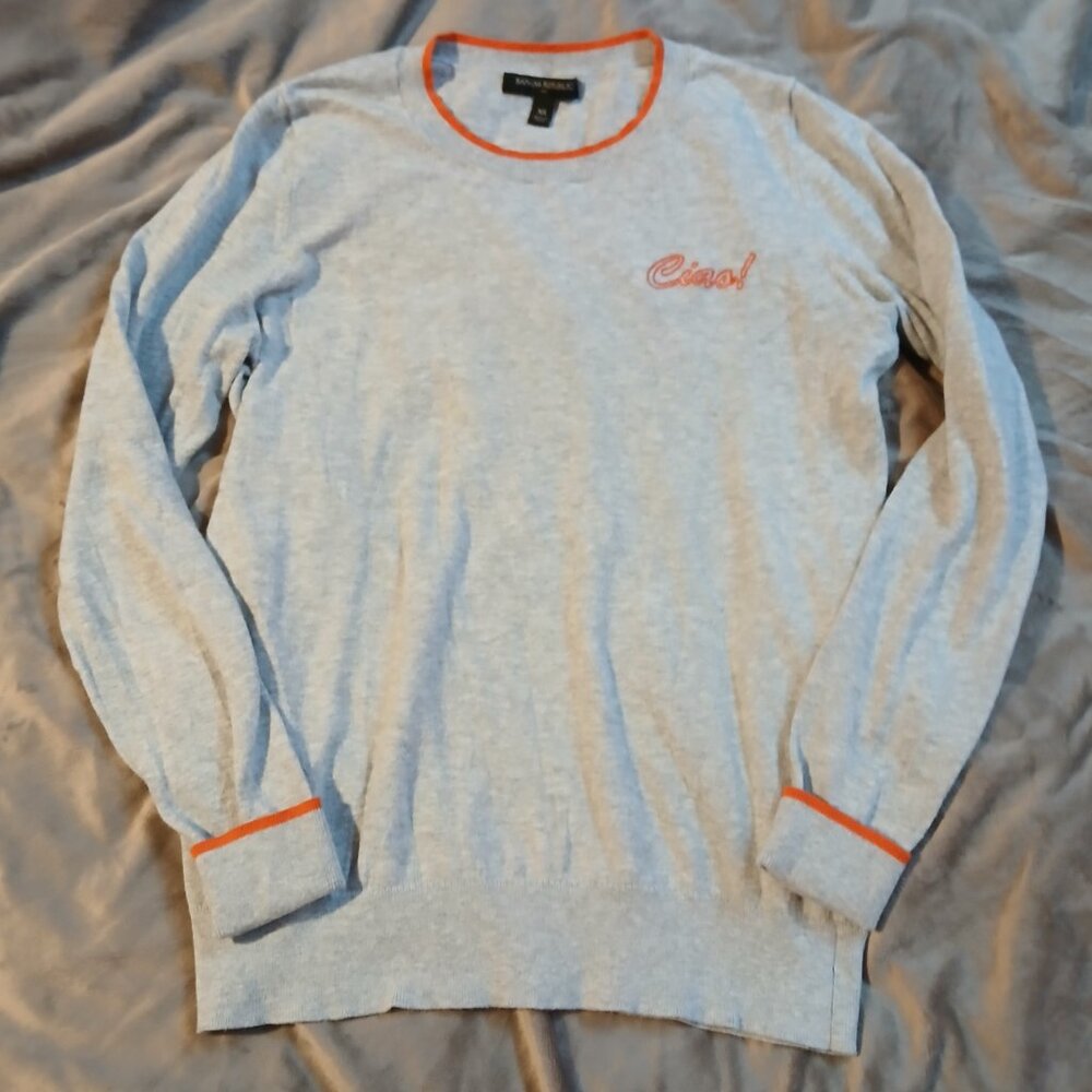 Banana Republic Factory Women's Crew Neck CIAO Sweater Gray / Orange Trim